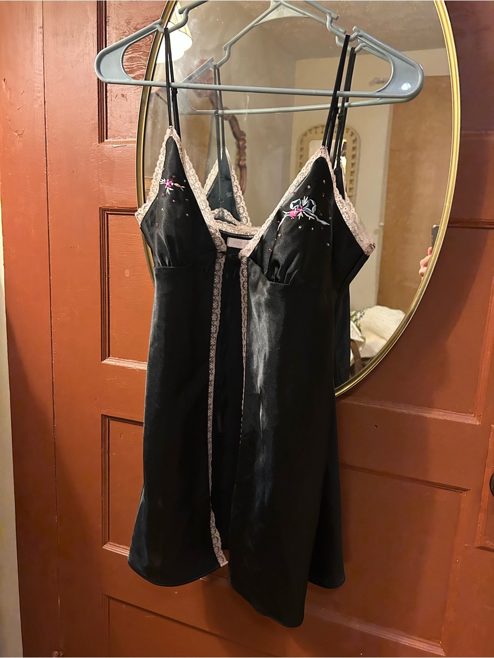 Victoria's Secret Black Satin Chemise with Pink Embroidery and Beading